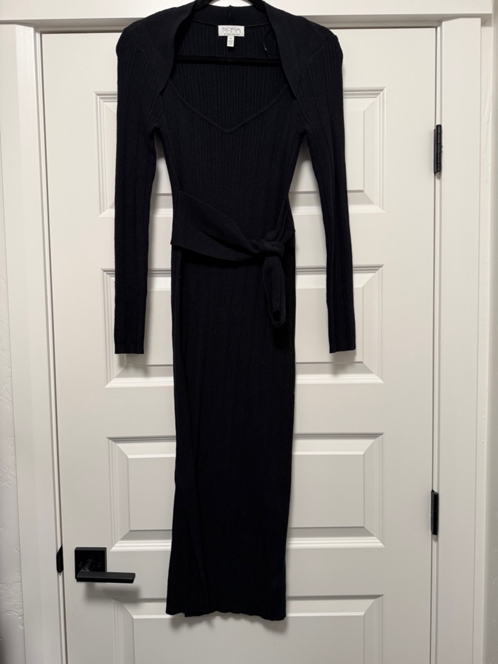 Ten Sixty Sherman Black Ribbed Knit Long-Sleeve Maxi Dress with Self-Tie Waist